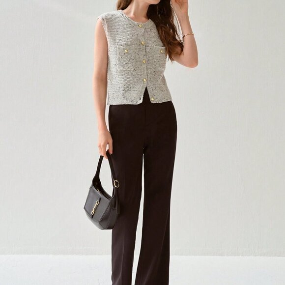 Light Grey Women's Casual Blend Gray Button Trimmed Sweater Vest - Picture 4 of 8